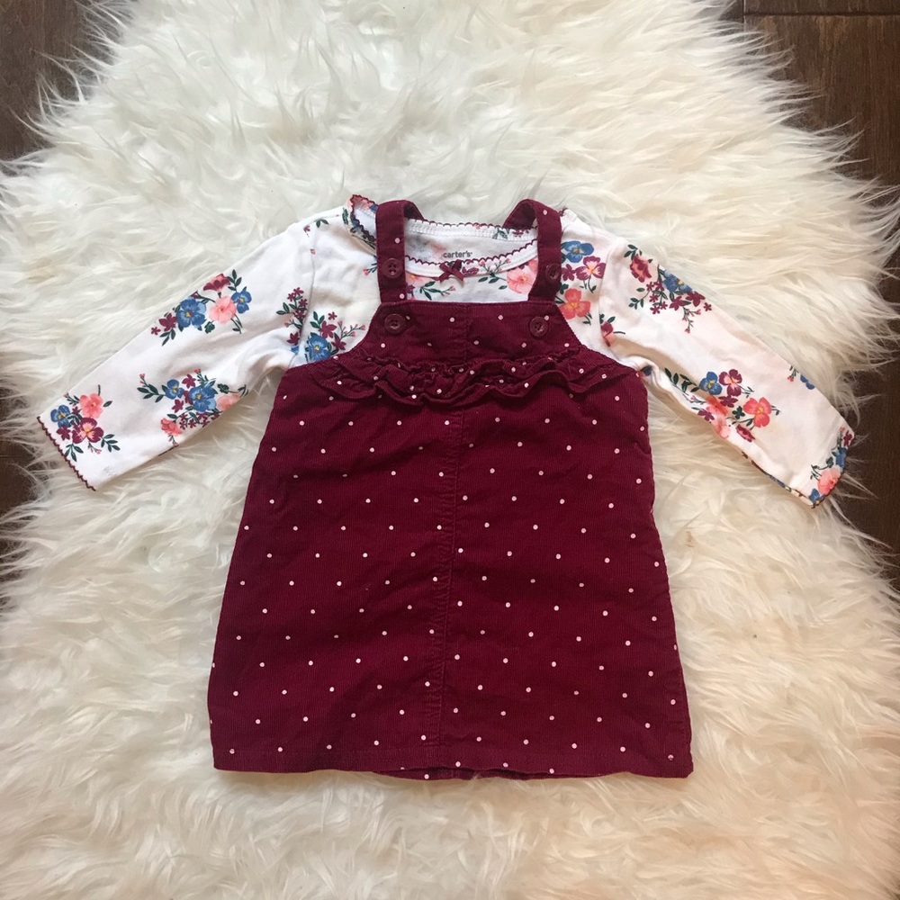 Carter’s burgundy dress with floral shirt